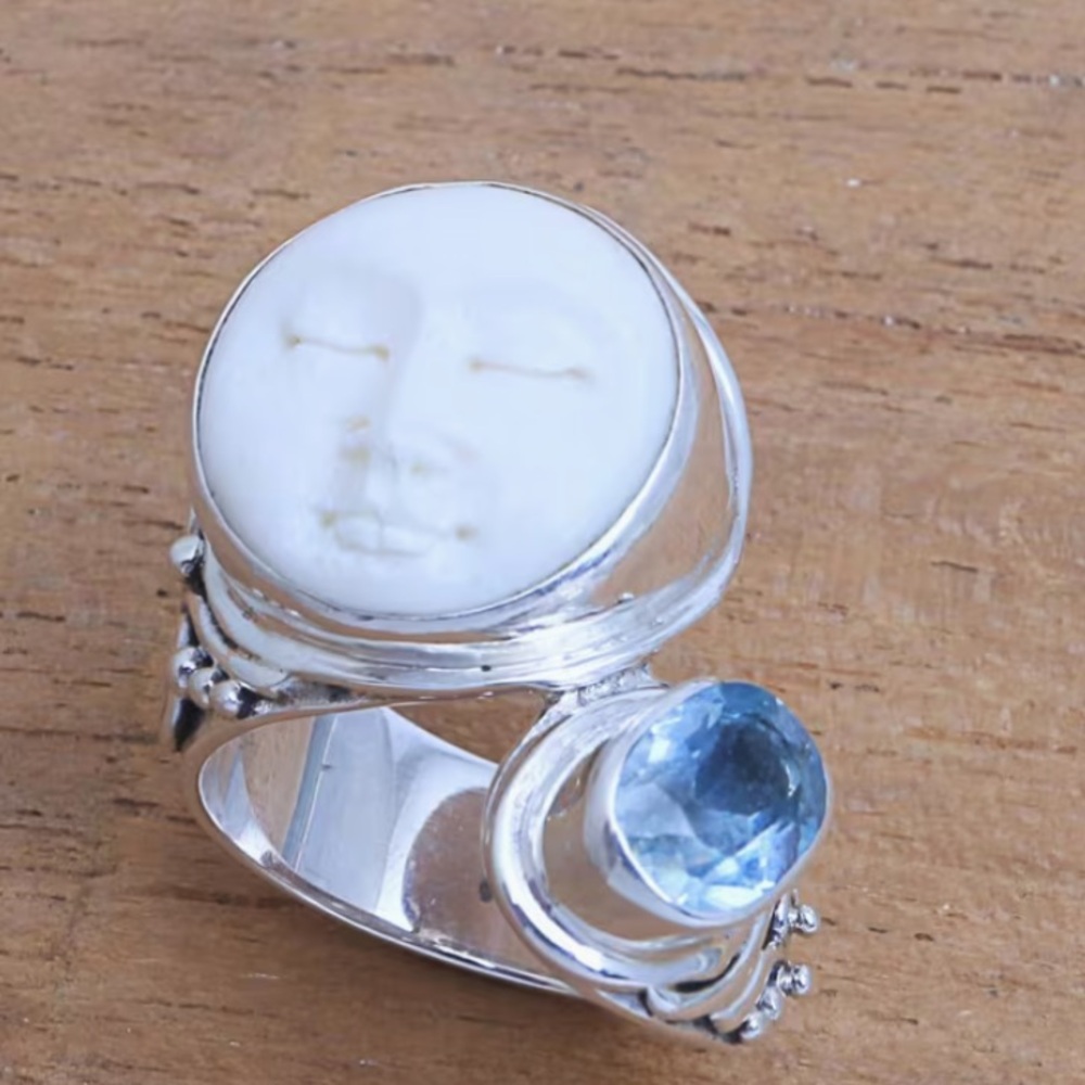 Soon NEW Boho Silver Moon Face Ring with Blue Gem